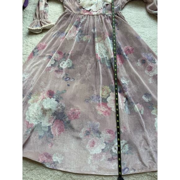 Vintage Floral Stretchy Velvet Prairie Dress M Ruffle Lace Yoke Cottagecore Maxi - Picture 10 of 13